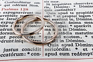 Two wedding rings on a bible page