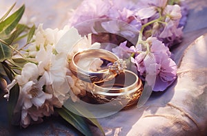 Two wedding rings and bouquet of flowers