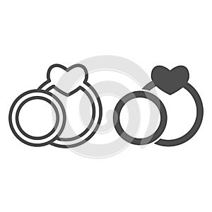 Two wedding rings line and solid icon. Couple engagement ring with heart shape symbol, outline style pictogram on white