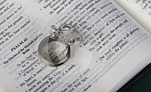 Two wedding rings on an open Holy Bible