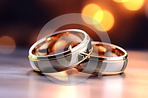 Two wedding rings on a reflective surface with warm backdrop