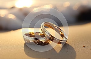 Two wedding rings on sandy beach