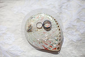 Two wedding rings on a sea shell