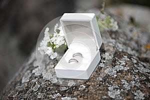 Two wedding silver rings in a beautiful white box on white flowers and gray stone