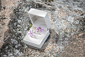 Two wedding silver rings in a beautiful white box on white flowers and gray stone