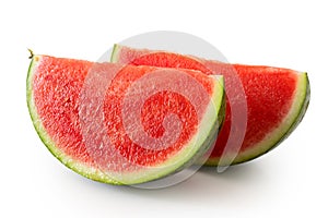 Two wedges od seedless watermelon isolated on white.