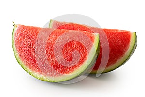 Two wedges od seedless watermelon isolated on white. photo