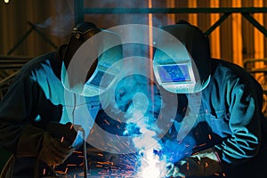 two welders in sync, joining parts of a metal sculpture