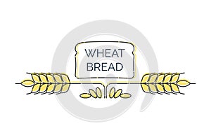 Two wheat spikes with scattered grains and over them loaf bread. Line whole grain symbol illustration for organic eco business,