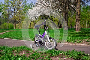 Two-wheeled white-purple bike with extra side wheels