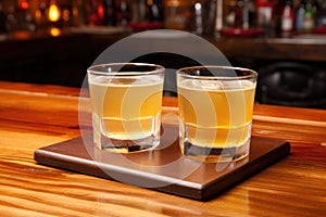 two whiskey sours on coasters at a wooden bar counter photo