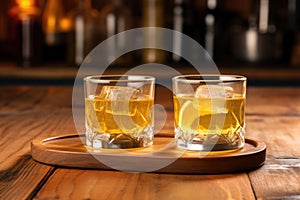 two whiskey sours on coasters at a wooden bar counter photo