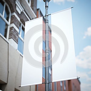 Two white banner flags near the classic building.