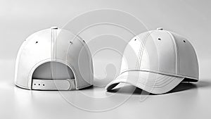 Two White Baseball Caps Product Shot on a Light Gray Background