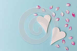 Two white big hearts and pink petals on the blue background.