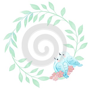 Two white birds on a wreath of branches with pink flowers. Round frame with leaves.