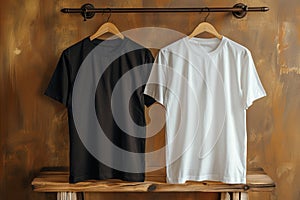 Two white and black t - shirts hanging on a wooden rack photo