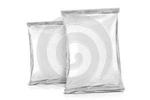 Two White Blank Bag Packaging. Foil package. Metal Pack. ready for your design. over white background