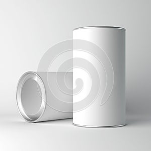 Two White Blank Tin can packaging mockup. Tea, coffee, dry products, gift box