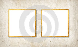 Two White Blanks With Golden Borders Hanging in Textured Vintage Wall. 2 frames Photo Mock ups with empty blank. 2 Images Frame