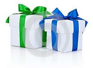 Two White boxs tied blue and green ribbons bow Isolated on white