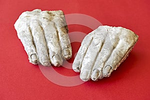 Two white broken hands of a stone statue photo