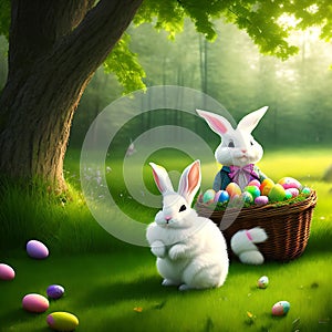 Two white bunnies with a basket of Easter eggs in nature in spring