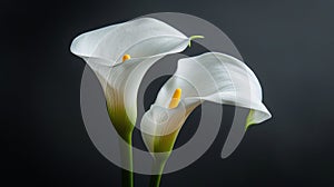 Two White Calla Lilies in a Vase on a Black Background