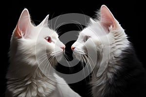 Two white cats peacefully seated next to each other on a comfortable chair, Two white cats against a black background with a