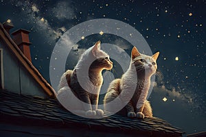 Two white cats are sitting on the roof of the house at night with stars in the dark blue sky. Generative AI