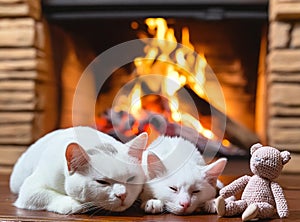 Two white cats sleeping comfortably in front of the fireplace photo