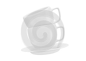 Two white ceramic mugs or coffee cups stacked on top of each other. Espresso Cappuccino Breakfast Isolated On Background 3D