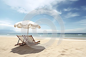 two white chair and umbrella in summer beach with white sand