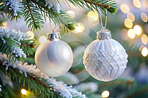 Two White Christmas Ornaments Hanging from a Tree. The First Ornament is Larger and the Second is Smaller photo