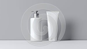 Two white cosmetic containers placed side by side on a minimalist light background