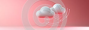 Two white 3D cloud icons connected with arrows symbolizing data flow network connectivity cloud computing and data transfer
