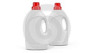 Two white detergent bottles with red caps placed side by side on a plain background