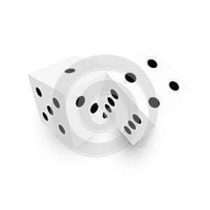 Two white dice with black dots. 3D vector object with dropped shadow