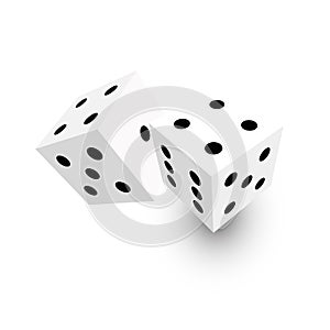 Two white dice with black dots. 3D vector object with dropped shadow