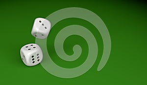Two white dice on green gaming table with space for text and images