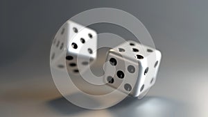 Two white dice in mid-air showing different numbers. Capturing the moment of chance in a simple, minimalistic style with