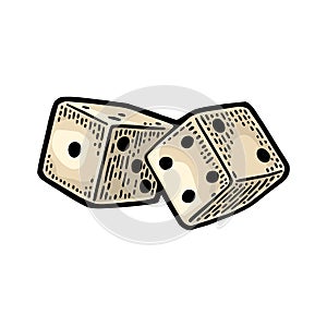 Two white dice. Vintage color vector engraving illustration