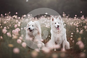 two white dogs are sitting in a field of pink flowers