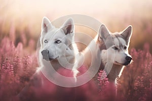 two white dogs are standing in a field of pink flowers