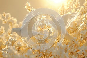 Two White Doves in Flight Among Blossoms