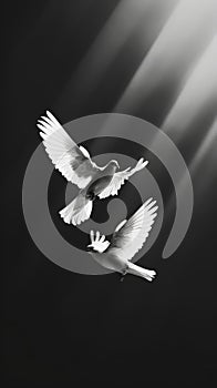 Two white doves fly on a black aesthetic background with sun rays. Peace concept. Generative AI