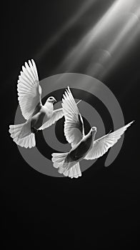 Two white doves fly on a black aesthetic background with sun rays. Peace concept. Generative AI