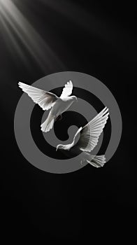 Two white doves fly on a black aesthetic background with sun rays. Peace concept. Generative AI