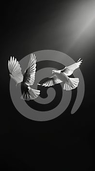 Two white doves fly on a black aesthetic background with sun rays. Peace concept. Generative AI