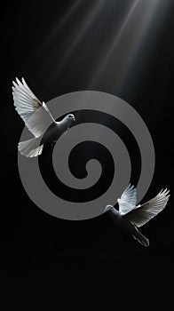 Two white doves fly on a black aesthetic background with sun rays. Peace concept. Generative AI